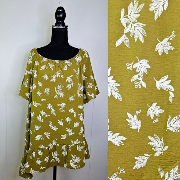 Cato Olive Green Floral Leaf Spring Print Blouse Asymmetrical Reffle Hem Size XL - Picture 1 of 12